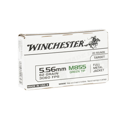 Winchester M855 5.56 x 45 NATO 62gr Green Tip FMJ Ball Ammo - 20 Rounds