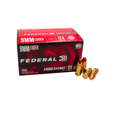 Federal American Eagle 9mm Luger 124gr FMJ — 100rd Box Federal American Eagle 9mm Luger 124 grain FMJ ammunition, 100 round box