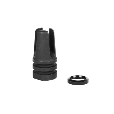 LBE Unlimited Three Prong Flash Hider — 5.56, 1/2x28 LBE Unlimited retro 3-prong flash hider for AR-15, 5.56 NATO, black steel