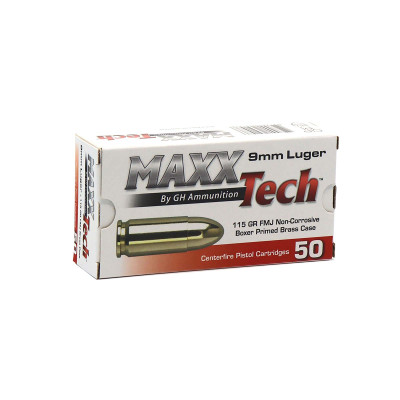 MaxxTech 9mm 115gr FMJ Ammo with Brass Case - 50 Rounds