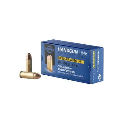 PPU .38 Super +P 130 gr FMJ - 50 Rounds PPU Prvi Partizan .38 Super +P 130 grain FMJ brass-cased ammunition 50 round box