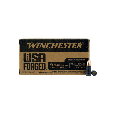 Winchester USA Forged 9mm Luger 115 grain FMJ steel-cased ammunition 50 round box