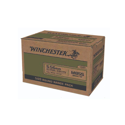 Winchester M855 5.56 x 45 NATO 62gr Green Tip FMJ Ball Ammo - 500 Rounds